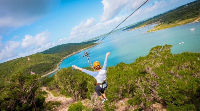 Lake Travis Zipline - person on the zip line