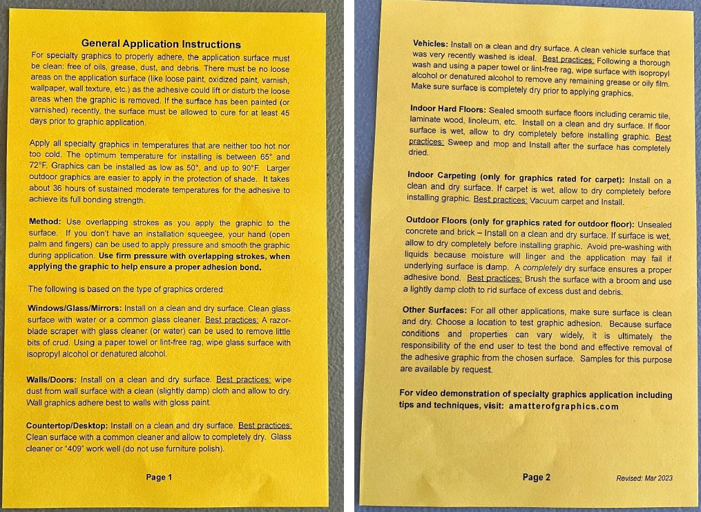 Manufacture instructions for decals.