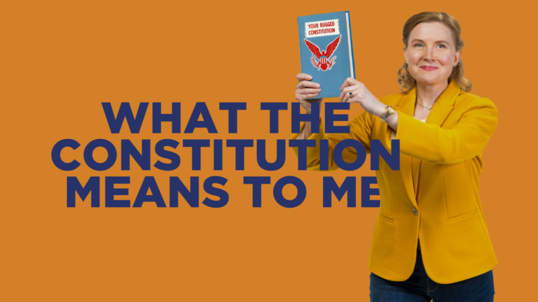 Cover image with woman holding a book for What the Constitution Means to Me
