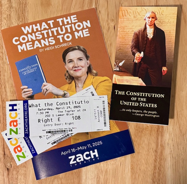 Photo of playbill, tickets and the pocket version of the Constitution from the play