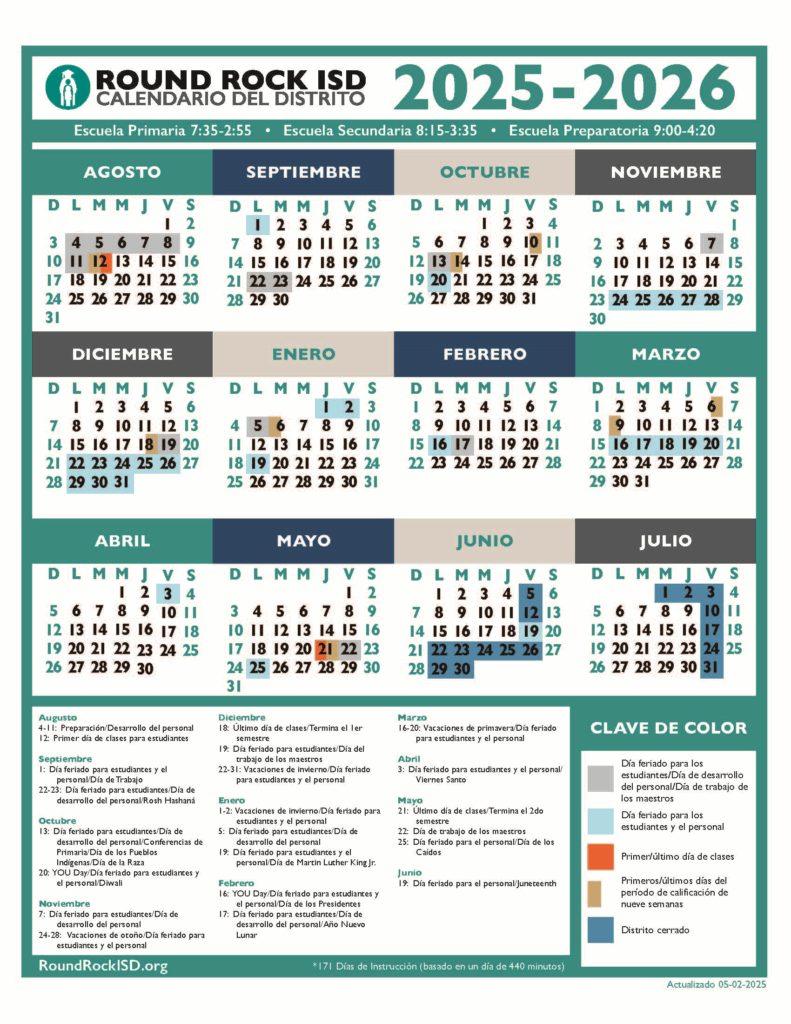 RRISD 2025-2026 Calendar - Spanish